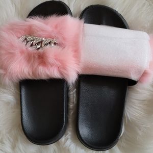 Pink Faux Fur Slides With Silver Chain